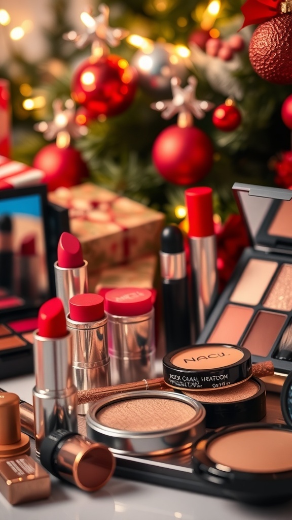 Simple and Easy Christmas Makeup Ideas A collection of Christmas makeup products on a festive background with holiday decorations.